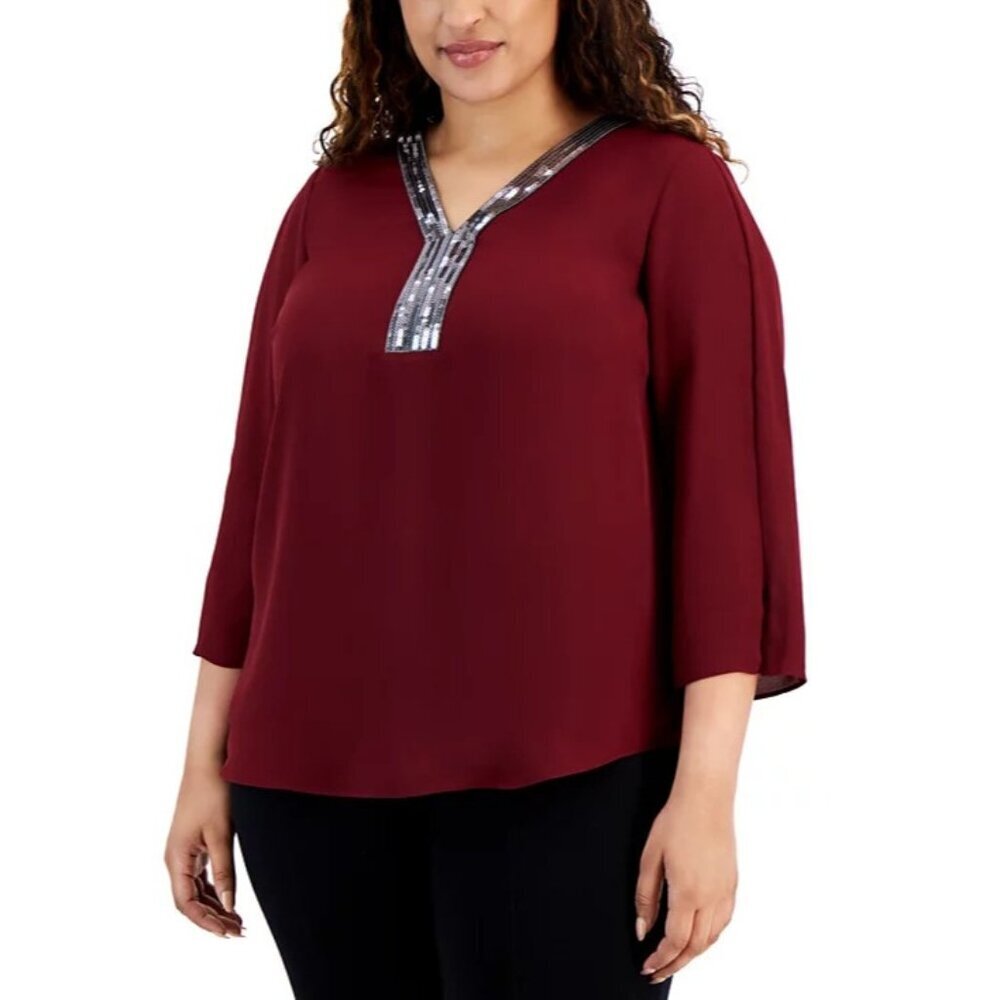 JM Collection Womens Plus Size 2X Sequined-Neck 3/4-Sleeve Top in Dark Rust 1451